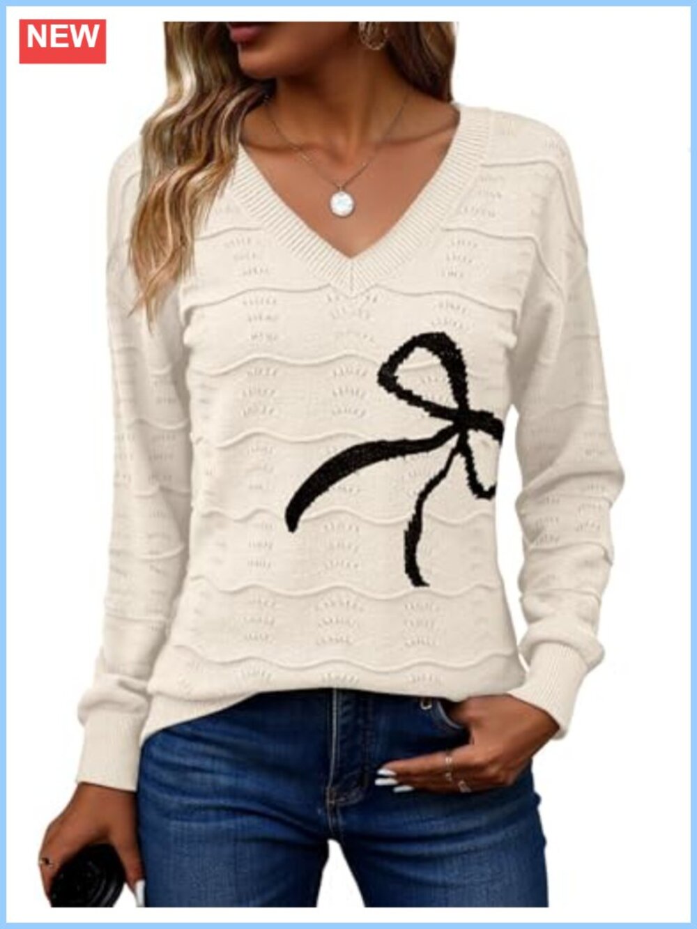 Women's V-Neck Crochet Long Sleeve Knit Pullover Sweater - Lightweight